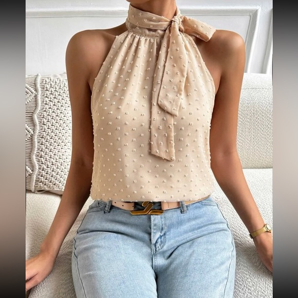 Boho apricot Swiss dot tie back chiffon blouse - Picture 2 of 6